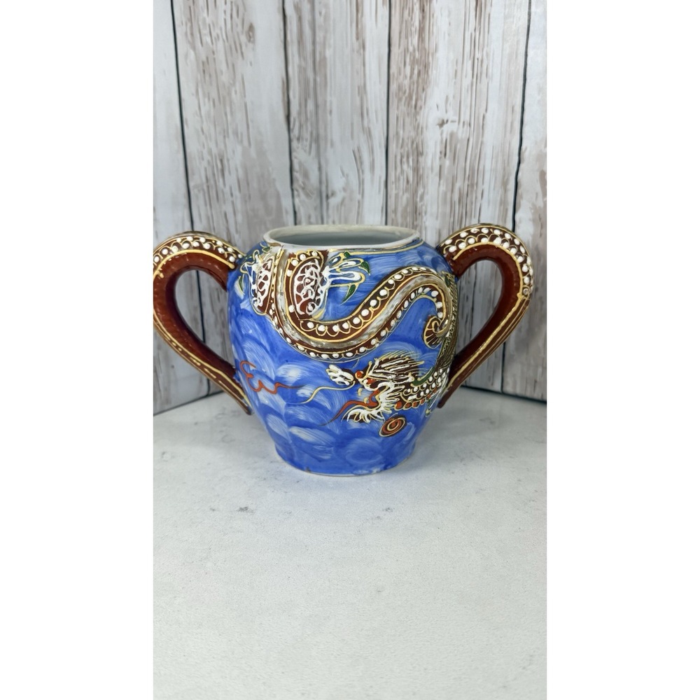 Vintage LUCKY Dragon Sugar Bowl Double Handle Blue Gold Asian Porcelain No Lid